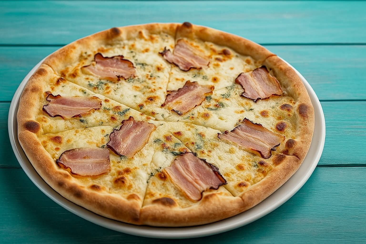 Pizza Kozia Bródka na białym sosie z boczkiem